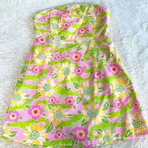 Lilly Pulitzer Strapless Dress Sz 0 Pink Green Gator Floral Print Preppy Summer